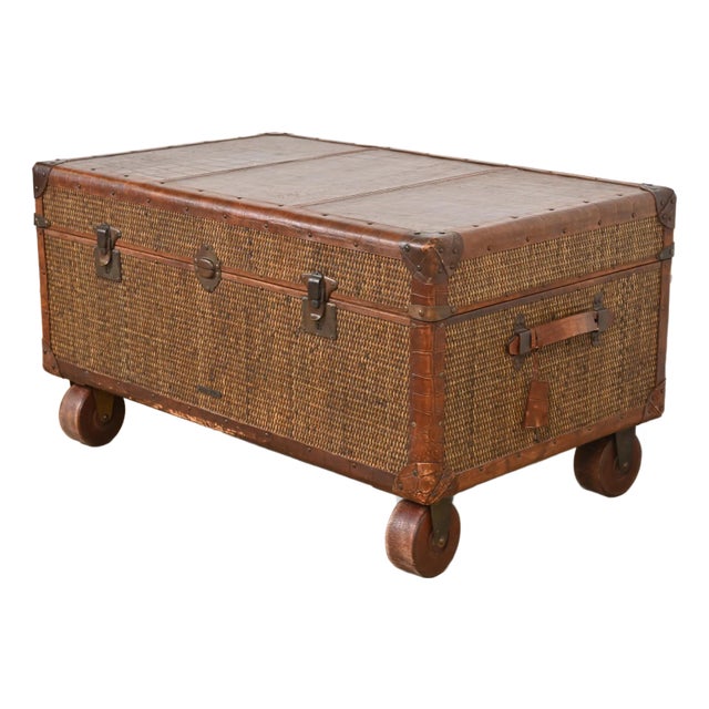Late 20th Century Baker Furniture Campaign Rattan and Leather Trunk Coffee Table For Sale