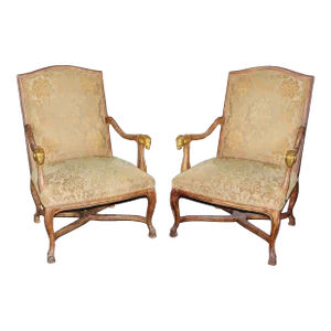 Fantastic Pair of Gilded Rams Head French Carved Walnut Armchairs Circa 1920