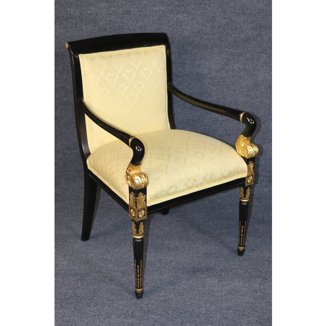Gold Set 12 Louis XVI Style Ebonized and Gilt Dining Chairs For Sale - Image 8 of 13