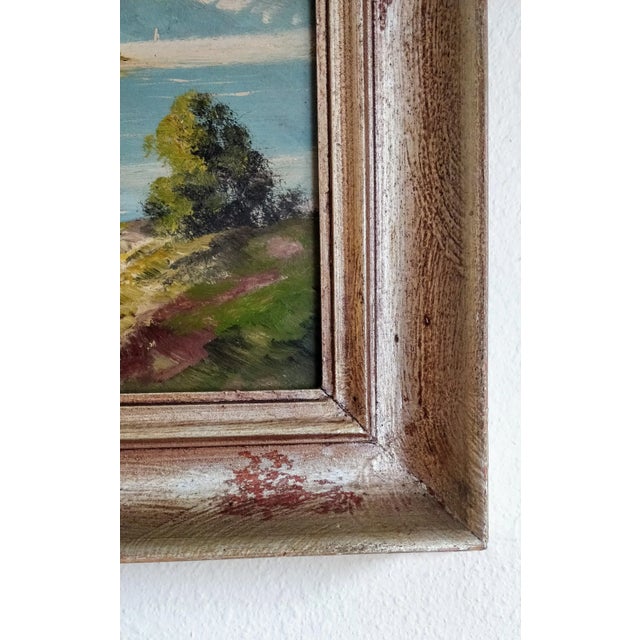 Vintage Mountain Lake Boat Painting Artist Signed For Sale In Fayetteville, AR - Image 6 of 10