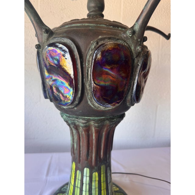 Metal Vintage 1980s Art Nouveau Dragonfly Stained Glass Double-Lit Desk or Table Lamp For Sale - Image 7 of 17