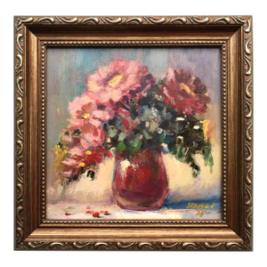 Framed Floral Original Painting Pink Daisies Bouquet Art Decor by Valeriya Serova