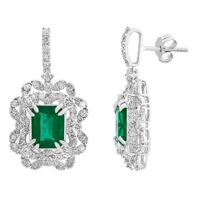 7 Carat Colombian Emerald Cut Emerald Diamond Hanging/Drop Earrings 18Karat Gold For Sale