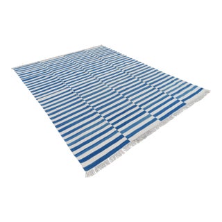 Handmade Cotton Blue and White Striped Rug - 10'x14' For Sale