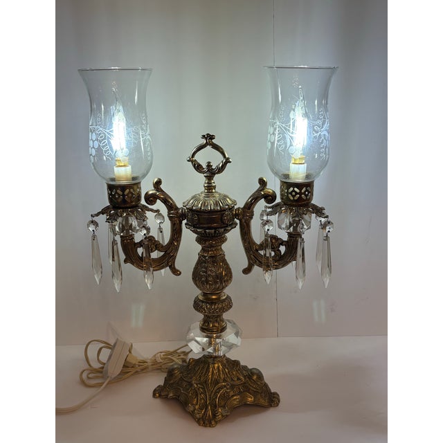 Rococo 1950s Double-Armed Crystal Hollywood Regency Candelabra Desk Lamp For Sale - Image 3 of 3