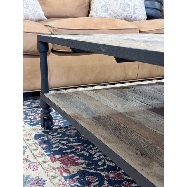 Early 21st Century Restoration Hardware Dutch Industrial Reclaimed Elm & Steel Square Coffee Table With Casters For Sale - Image 5 of 7