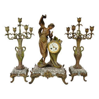 Art Nouveau L“L’Aurore Table Clock and Candelabras from Hardyau Fils, Set of 3 For Sale
