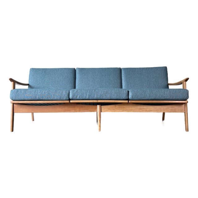 1960s Beechwood Mid Century Danish Modern 3 Seater Sofa Reupholstered in a Blue Chenille For Sale