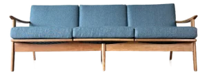 1960s Beechwood Mid Century Danish Modern 3 Seater Sofa Reupholstered in a Blue Chenille