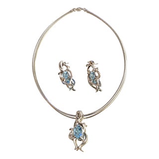 1970s Large Brutalist Sterling Silver Aquamarine Pendant Necklace & Earrings Set De Hallmark, 3 Pieces For Sale
