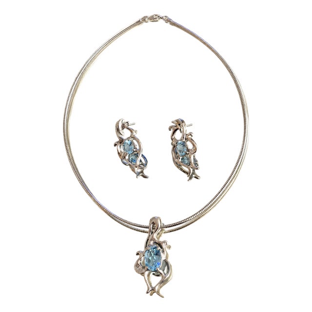 1970s Large Brutalist Sterling Silver Aquamarine Pendant Necklace & Earrings Set De Hallmark, 3 Pieces For Sale