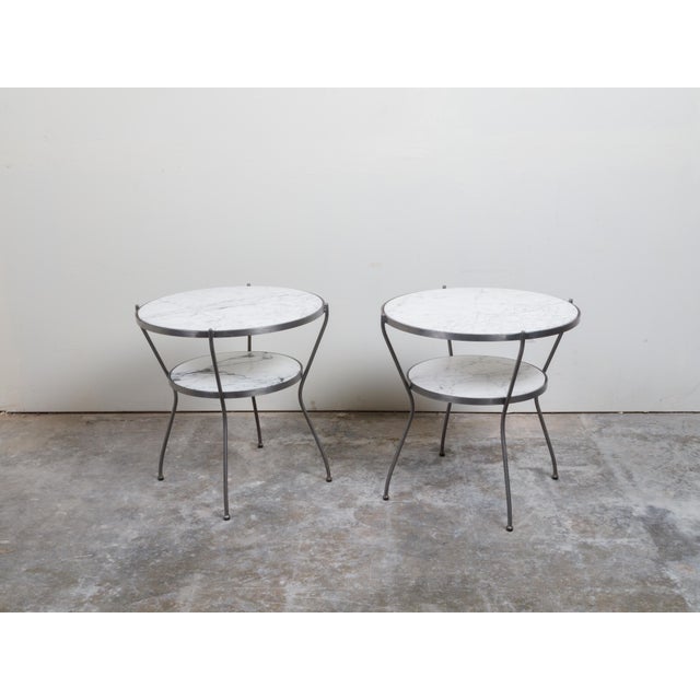 Pair of Italian Midcentury Steel Side Tables with Marble Tops and Shelves For Sale - Image 4 of 11