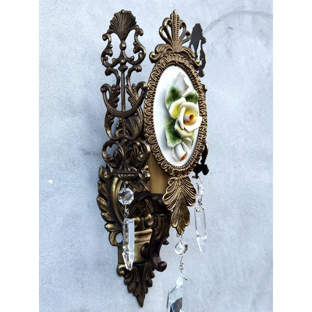 Italian Brass Wall Sconces with Porcelain Roses and Crystal Drops, 1950s, 1920s, Set of 2 For Sale - Image 9 of 16