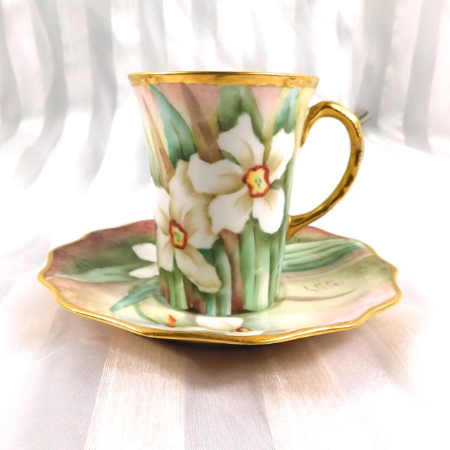 1990s Jean Pouyat Limoges Signed Chocolate Pot Set With Hand Painted Daffodils For Sale - Image 9 of 18