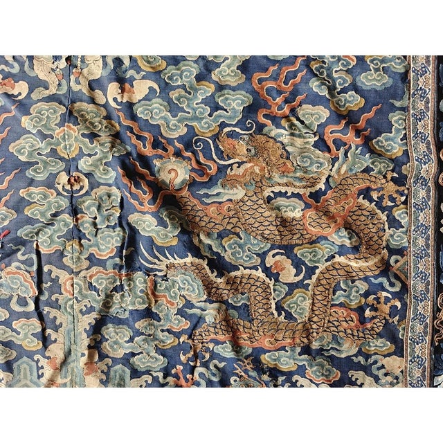 Antique Early 19th Century Blue Chinese Cloud Band Dragon Design Silk Textile For Sale - Image 9 of 9