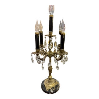 Vintage Spanish Brass Candelabra Lamp Crystal Prisms Lamp 23in For Sale