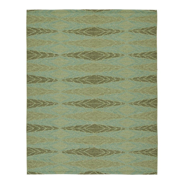 2010s Rug & Kilim’s Scandinavian Style Kilim With Green Geometric Patterns on Blue For Sale
