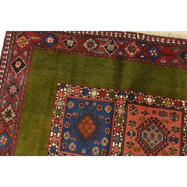 Yalameh Rug 4'10'' X 6'8'' Green Wool Vintage Tribal Hand-Knotted Carpet For Sale In Philadelphia - Image 6 of 13