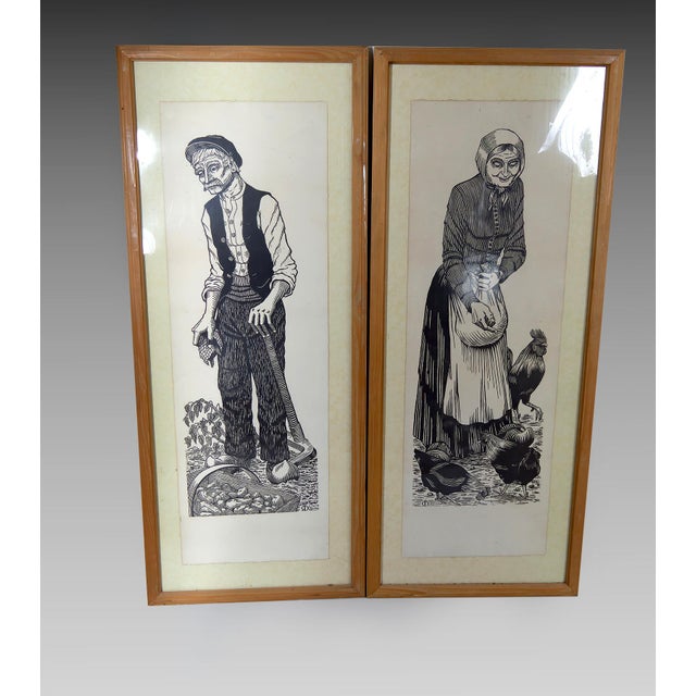French Artist, Peasants, 1970, Woodcut Prints, Set of 2 For Sale - Image 13 of 13