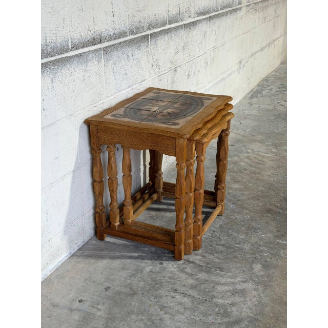 Mid 20th Century Oak Ceramic Tile-Top Nesting Tables Set of 3 With Spindle Legs Traditional Vintage For Sale - Image 5 of 10