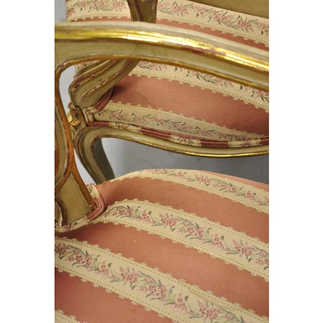 Antique French Louis XV Style Gold Giltwood Pink Stripe Fauteuil Arm Chair, Pair For Sale - Image 15 of 18