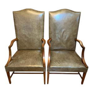 Mid 20th Century Kittinger Cw-13 Colonial Williamsburg Green Leather Lolling Chair - A Pair