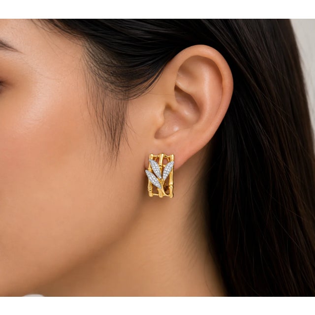 Modern 14K Yellow Gold Diamond Bamboo Shoot Leaf Designer Earrings For Sale - Image 3 of 3