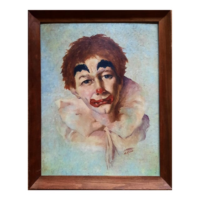 Mid 20th Century Sad Clown Oil Painting Signed Lo Russo For Sale