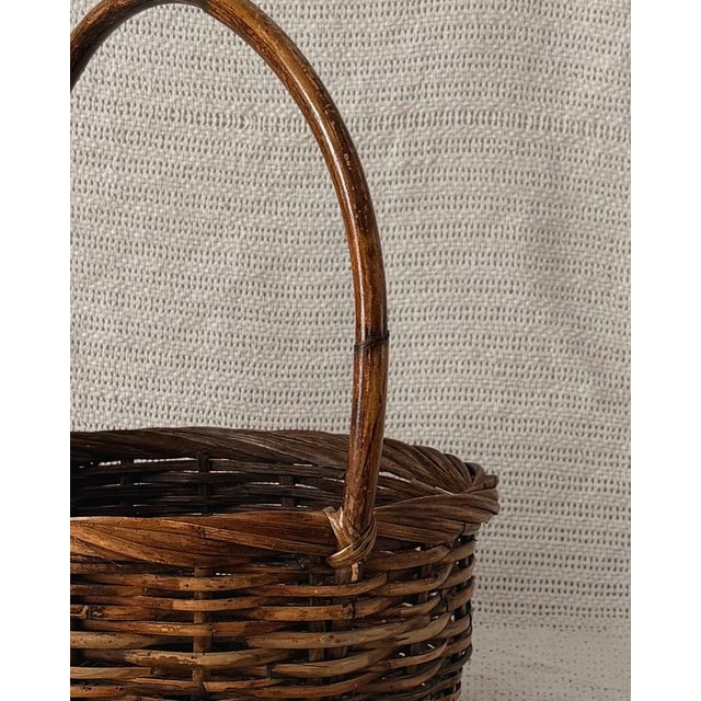 American Vintage Handwoven Gathering Basket With Tall Handle For Sale - Image 3 of 6