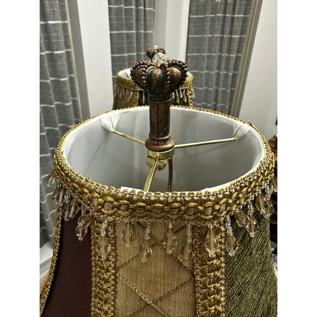 Victorian 1990s Hollywood Regency Resin Lamps W/ Jewel-Toned, Beaded Shades - a Pair For Sale - Image 3 of 7