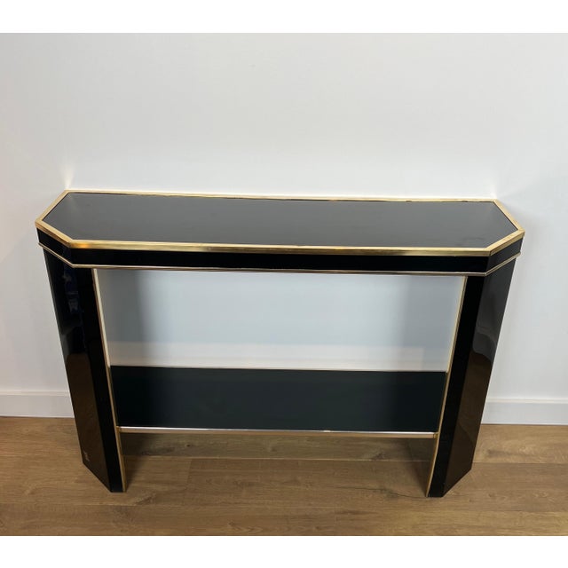 1970s Black and gold lacquered metal console signed by French designer Jean-Claude Mahey For Sale - Image 12 of 12