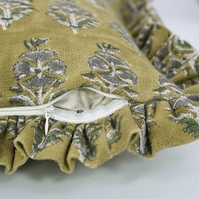 Fabdivine Decorative Block Print Frill Cushion Cover Green 18x18 Inch Thick Linen- Mor Mukut For Sale - Image 4 of 5