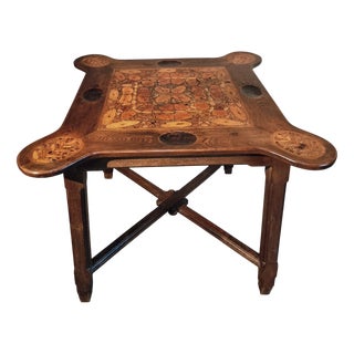 Mid-20th Century French Elm Marquetry Game Table with Intarsia Inlay and Round Corner Cutouts, 1950s For Sale
