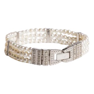 1990s Contemporary Pearl and Diamond Beaded Bracelet, Sterling Silver Clasp For Sale