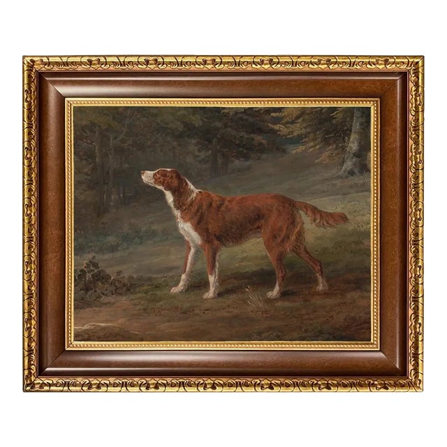 "Irish Red and White Setter Dog" Canvas Print in Brown and Antiqued Gold Frame 26x22 For Sale