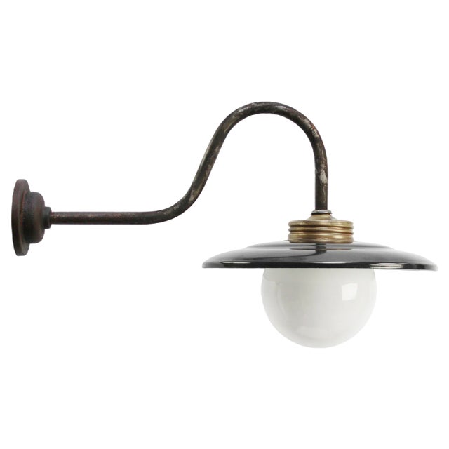 Vintage Industrial Black Enamel, Brass and White Opaline Wall Light For Sale