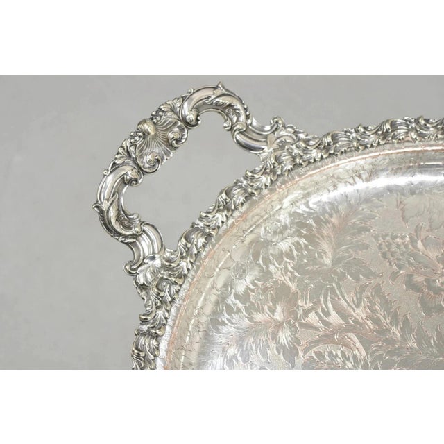 Antique English Victorian Silver Plated Floral Repousse Oval Serving Platter Bar Tray. Item features very ornate floral...