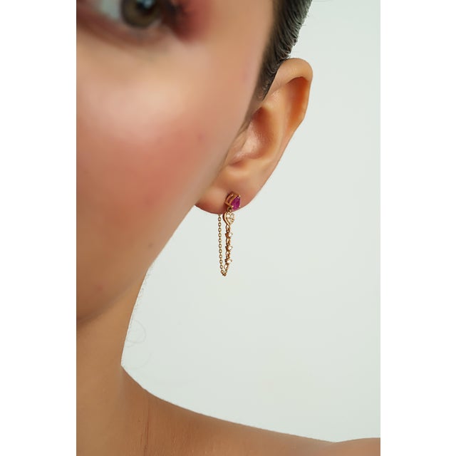 Not Yet Made - Made To Order Contemporary Pear Cut Red Ruby & Diamond Chain Earrings in 14k Yellow Gold- A Pair For Sale - Image 5 of 13