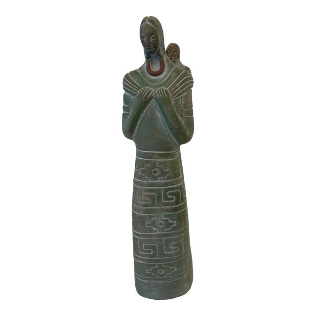 14” Carved Green Serpentine Mother & Child Sculpture – Pre-Columbian Mesoamerican Inspired Tribal Modern Figure For Sale