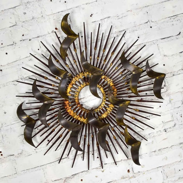 Fabulous torch cut brass birds on a horseshoe nail starburst wall art sculpture in the style of Silas Seandel or William...