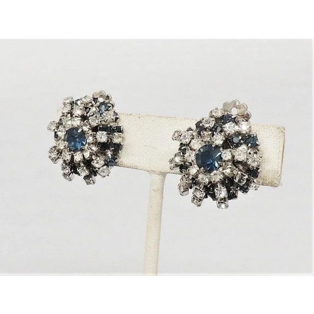 Metal Vintage 1950s Signed Kramer Faux-Sapphire & Clear Rhinestone Clip Earrings - 2 Pieces For Sale - Image 7 of 10