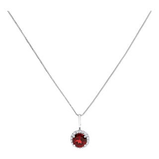 10K White Gold Red Garnet and 1/10 Cttw Diamond Accent Halo Pendant Necklace For Sale
