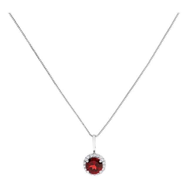 10K White Gold Red Garnet and 1/10 Cttw Diamond Accent Halo Pendant Necklace For Sale