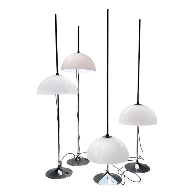 Height-Adjustable Mushroom Floor Lights with Chromed Tulip Bases by Frank Bentler for Wila Leuchten, West Germany, 1960s, Set of 4 For Sale