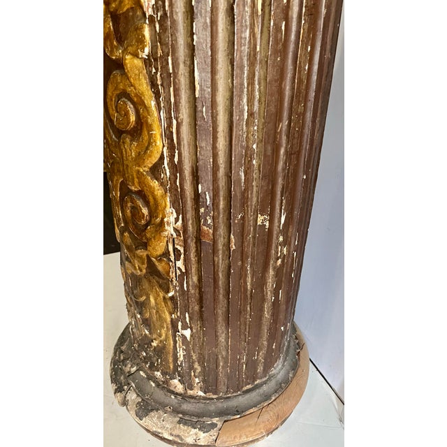 Brown 1840 Antique Ornate French Wooden Pedestal Column With Gold Highlights For Sale - Image 8 of 12