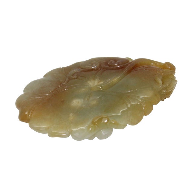 Asian Quality Carved Jade Pendant With Fish Biting Fortune on Lotus Leaf For Sale - Image 3 of 8