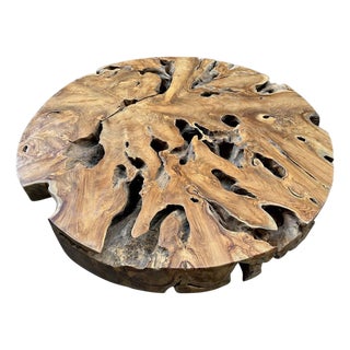 Andrianna Shamaris Teak Wood and Steel Round Coffee Table For Sale