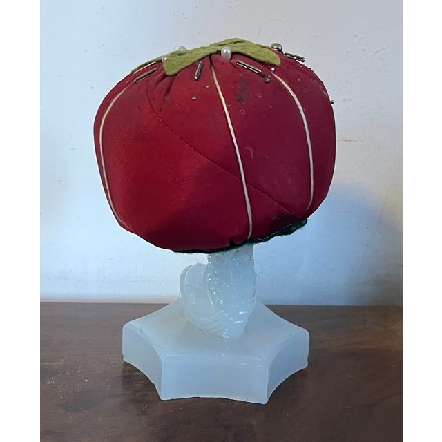Early 20th Century Early 20th C. Make-Do Tomato Pin Cushion on 19th C. Dolphin Sandwich Glass Stand For Sale - Image 5 of 16