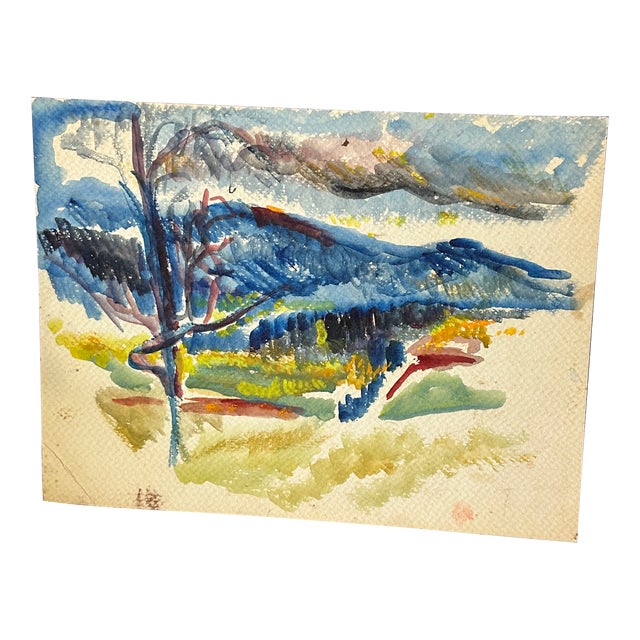 Vintage Colorful Abstract Mountain Landscape Watercolor Painting For Sale