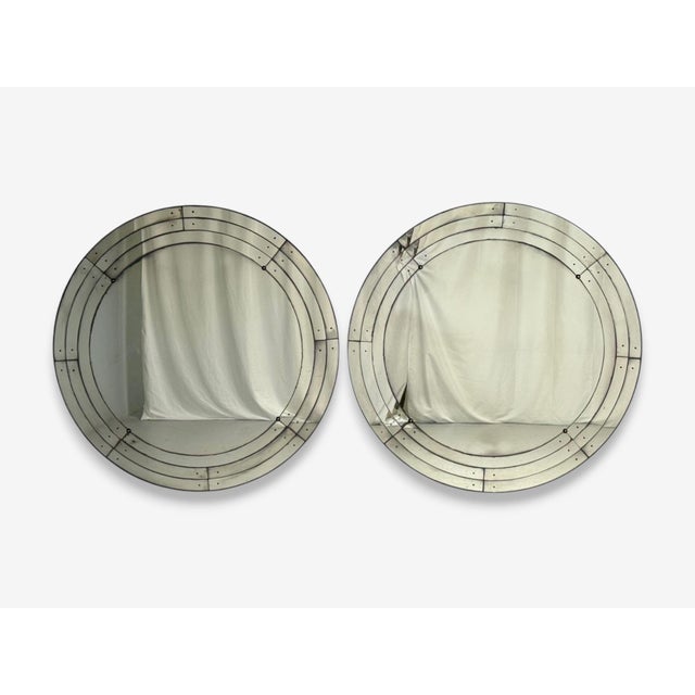 Art Deco Style, Antique Glass, Painted Wood, Large Round Venetian Wall Mirrors Gorgeous pair of large circular art deco...